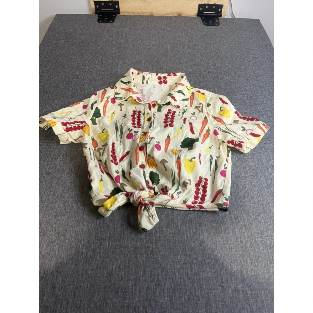 Collectif London Sammy Vegetable Medley Tie Blouse M Cream Crop Casual Cottage - Picture 1 of 8